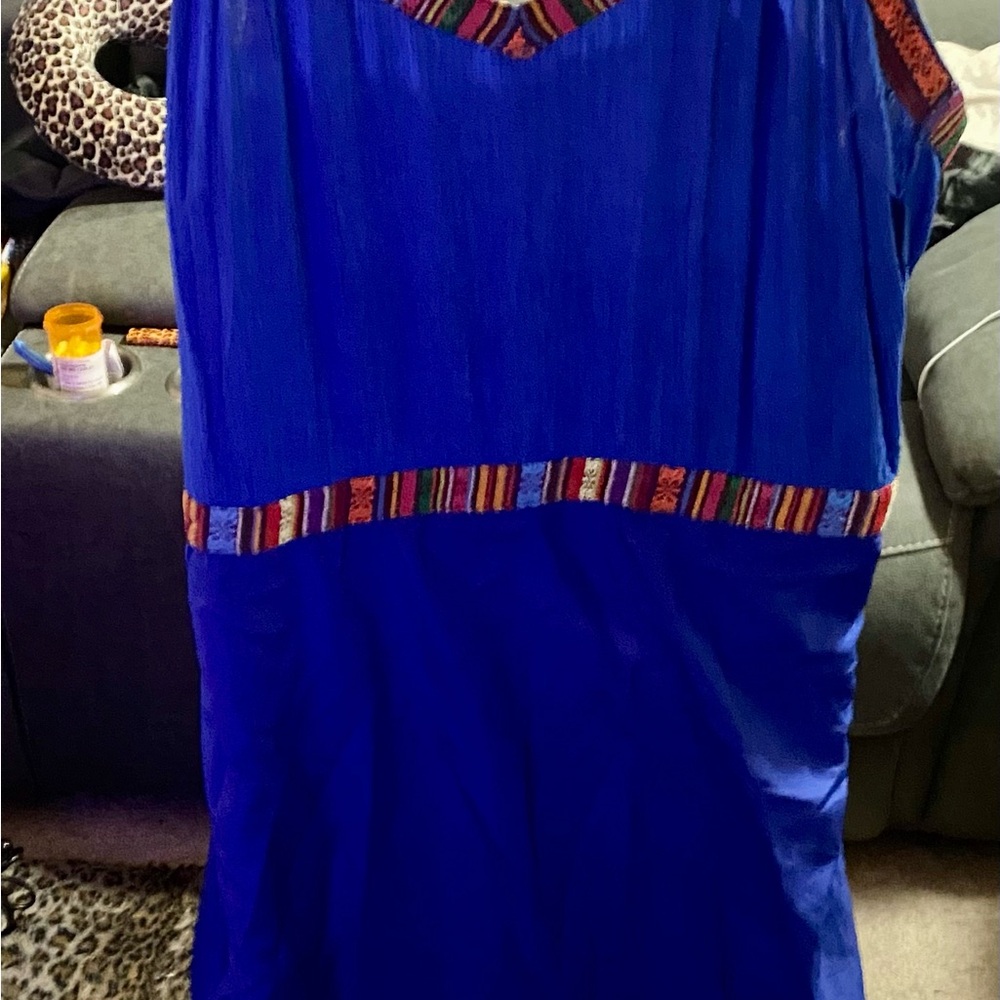Vibrant Blue Dress with Patterned Trim